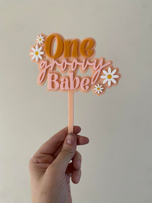 Acrylic Retro 'One Groovy Babe' Daisy Cake Topper Double Layer
