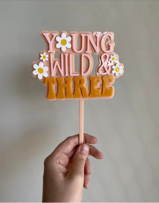 Acrylic Retro 'Young, Wild & Three' Cake Topper Double Layer