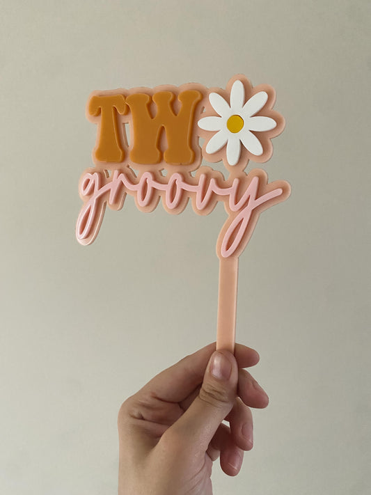 Acrylic Retro 'Two Groovy' Daisy Cake Topper Double Layer