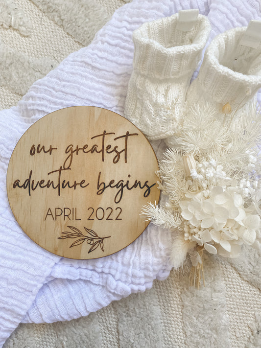 'Our Greatest Adventure' Pregnancy Wood Announcement Plaque