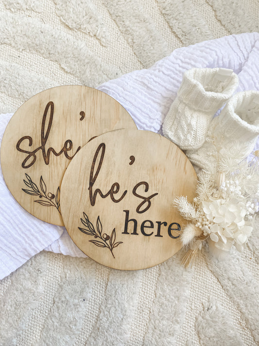 'He's/She's Here' Birth Wood Announcement Plaque