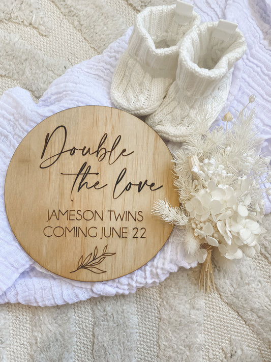 Twins 'Double The Love' Pregnancy Wood Announcement Plaque