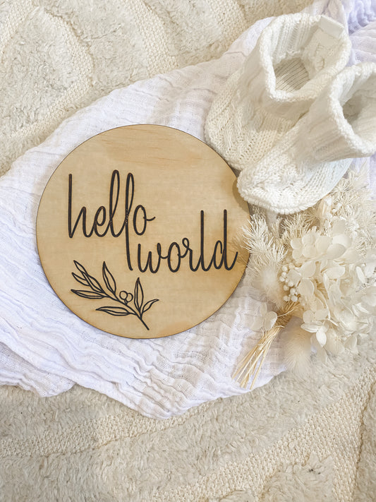 'Hello World' Birth Wood Announcement Plaque