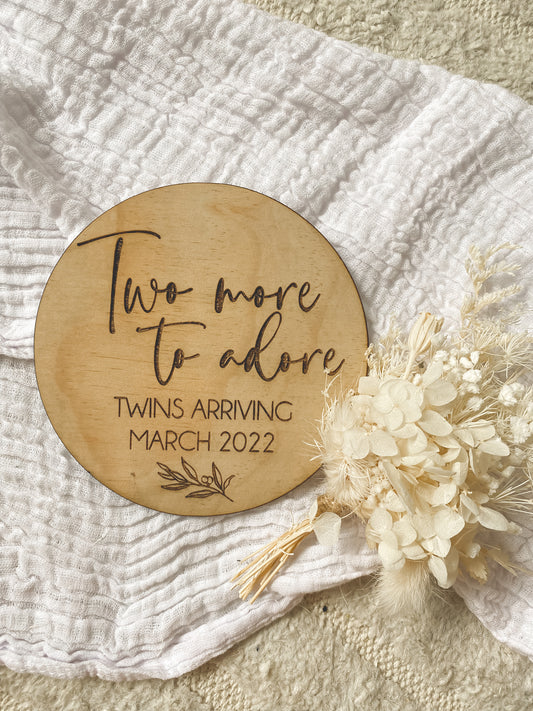 Twin 'Two More to Adore' Pregnancy Wood Announcement Plaque