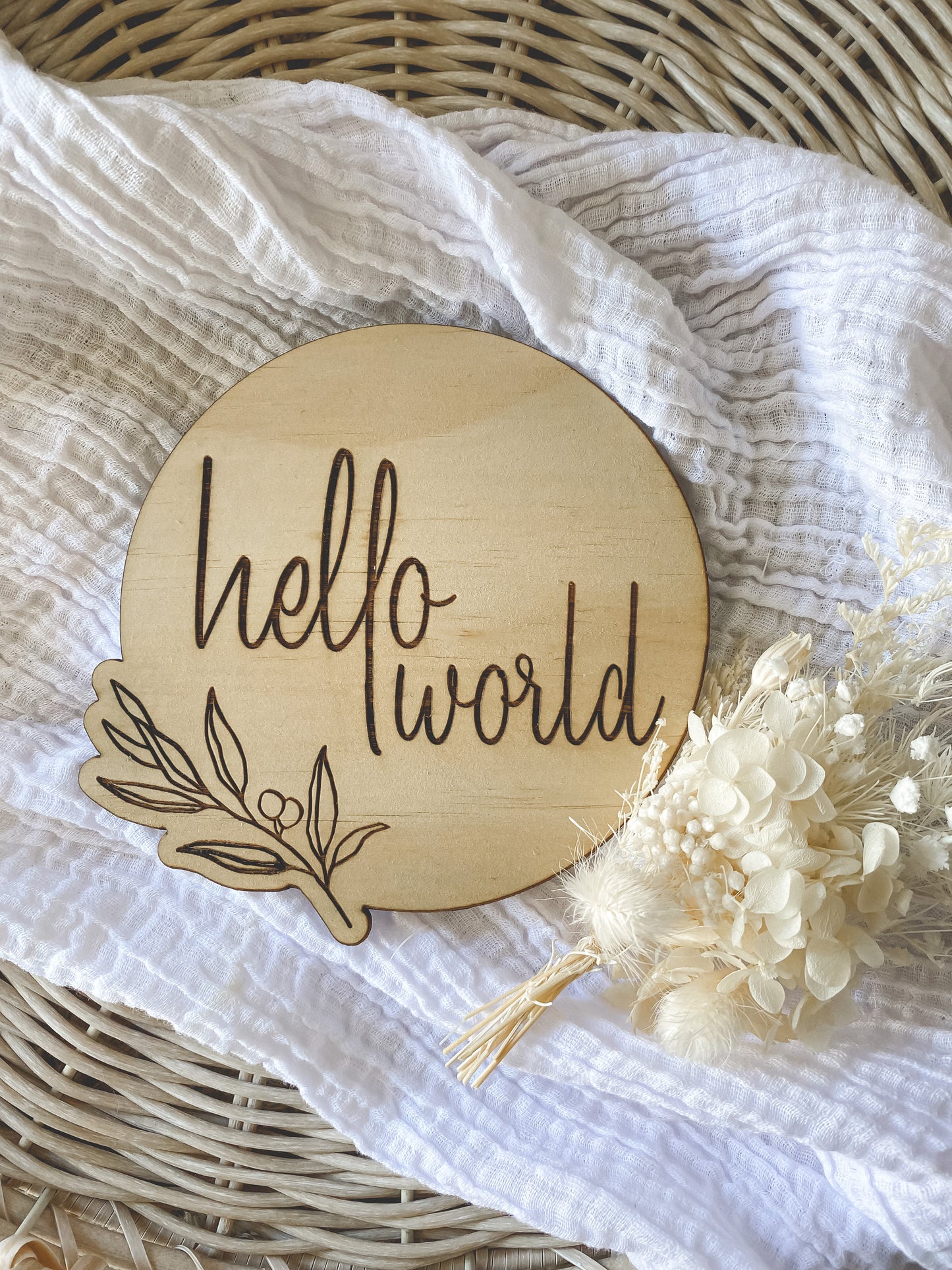 'Hello World' Birth Wood Announcement Plaque - Leaf